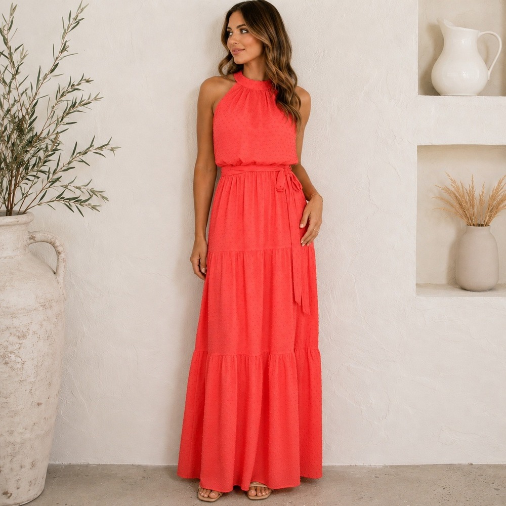 Julia Jordan Coral Pink Maxi Dress Sleeveless Halter Neck Tiered Womens Sz 12